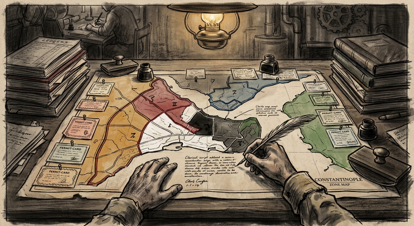 The Constantinople seven-zone administrative map spread across a clerk's desk, annotated with colour-coded permit cards