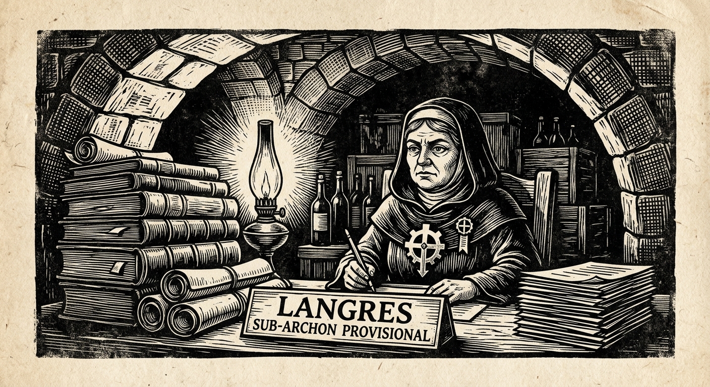 Sub-Archon Provisional Yvette Langres at her desk in the wine-cellar offices, surrounded by population ledgers