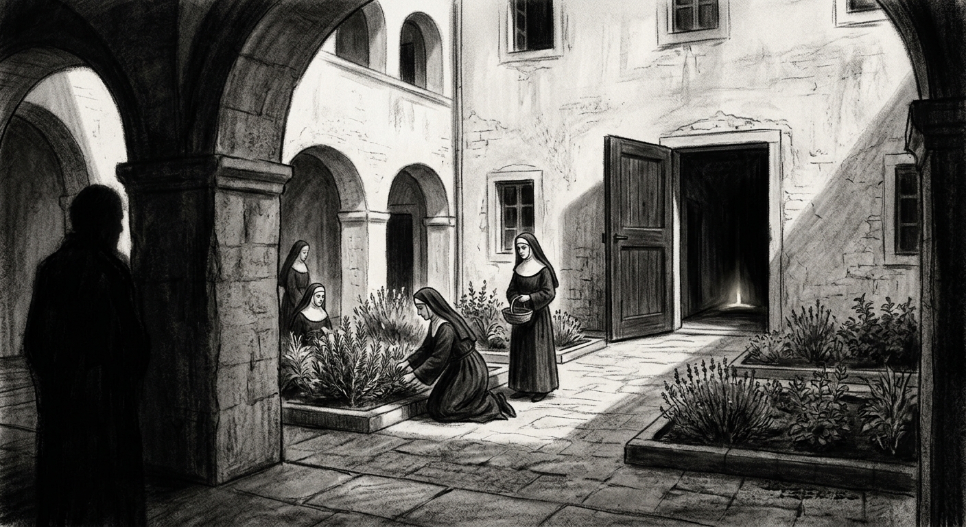 The Adriatic sanitarium — whitewashed courtyard with the east wing door ajar