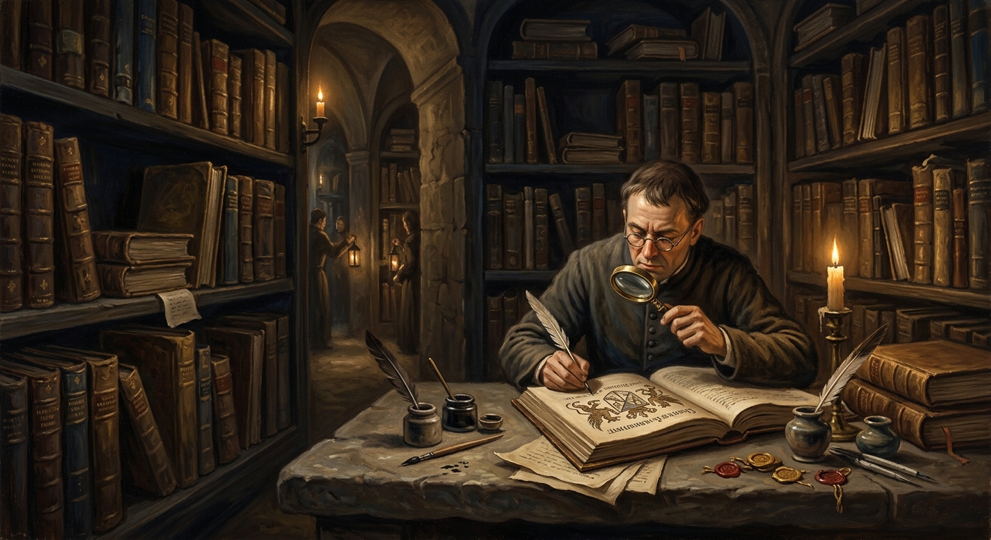 Oil painting of the Bureau of Heraldry's archive vault interior — a lone clerk scrutinizes a coat of arms by lamplight amid towering registers