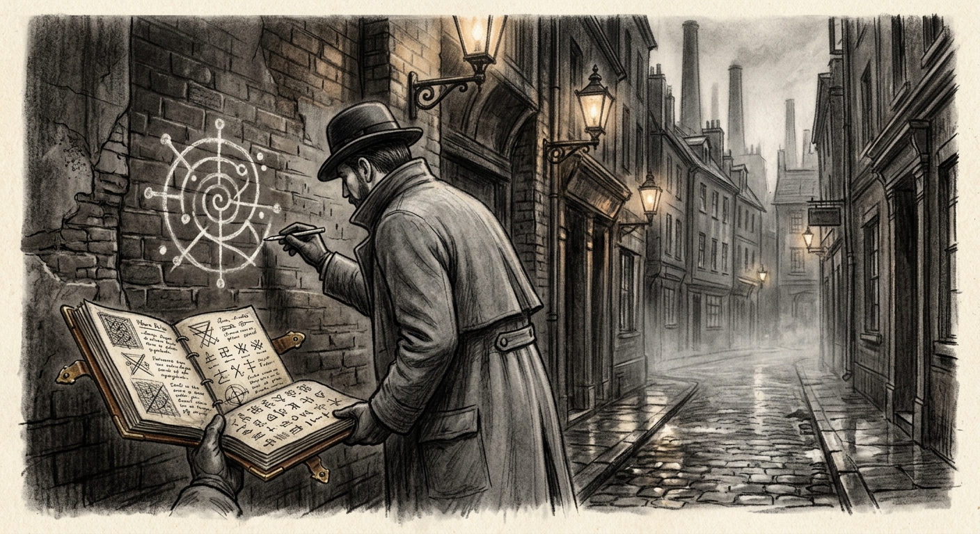 A Sigil Inspector in grey overcoat examining a chalk glyph on a tenement wall, reference folio open
