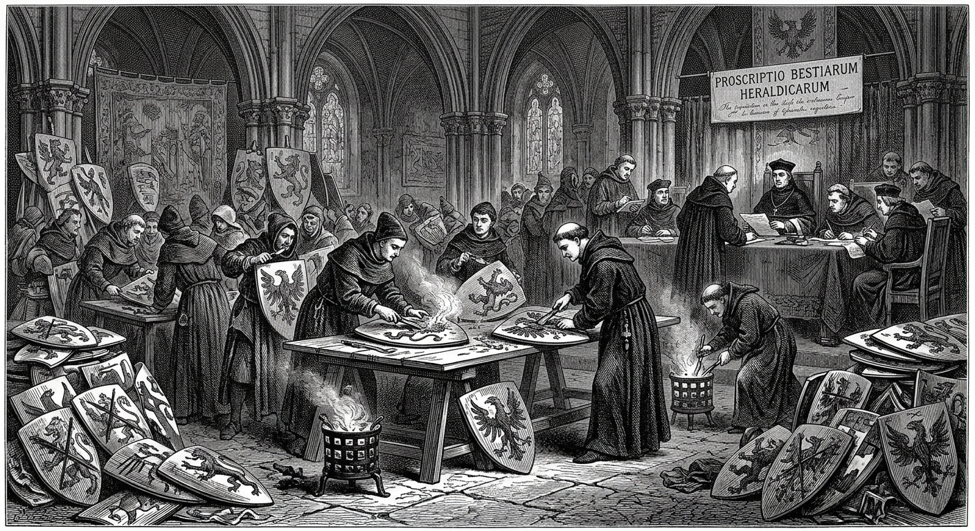 Victorian engraving of clerks scraping animals from heraldic shields during the Beast Proscription