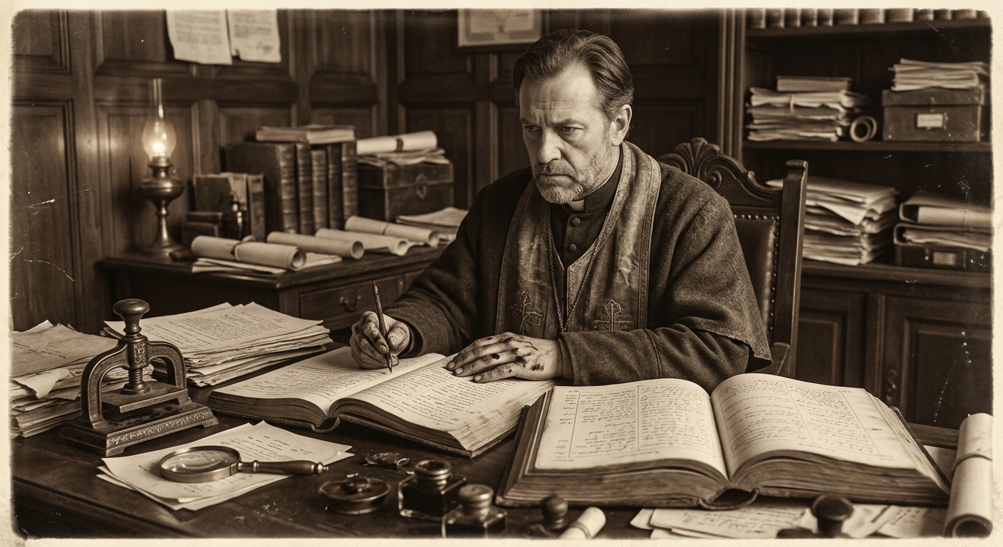 Sepia photograph of the Archon of Heraldry at his desk with two ledgers, stamp press and magnifying glass