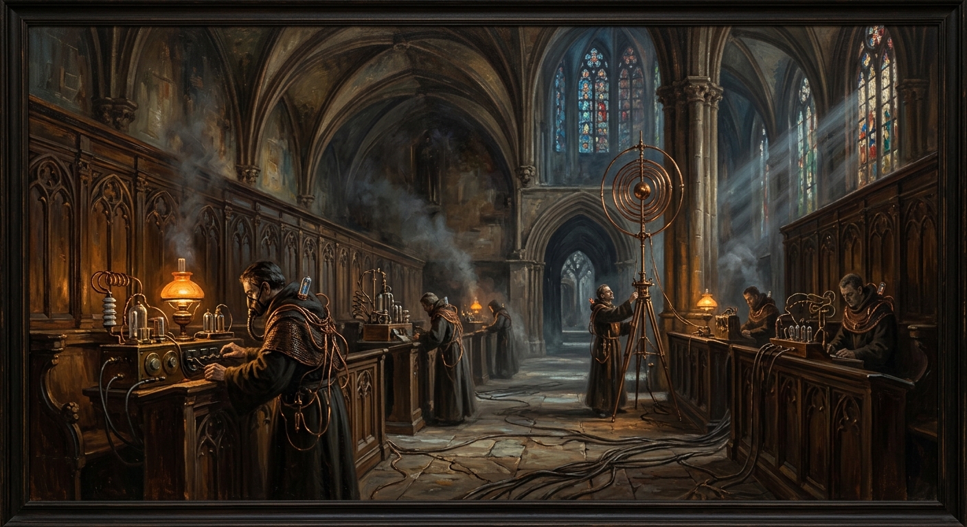 Interior of the Cloister of Calibrated Breath — Orison Signal Engineers at broadcast apparatus in a vast vaulted hall