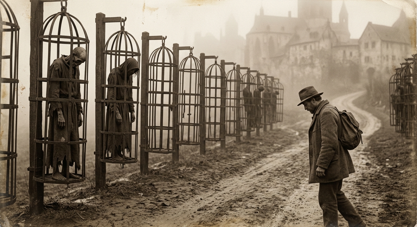 The Iron Choir of Mainz — rusted iron cages lining a road in mist