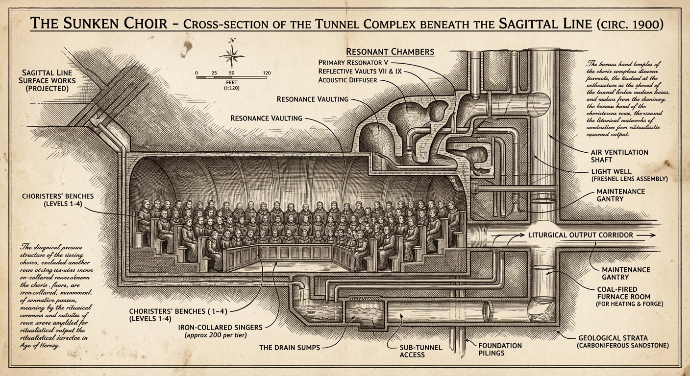 Cross-section engraving of the Sunken Choir tunnel complex