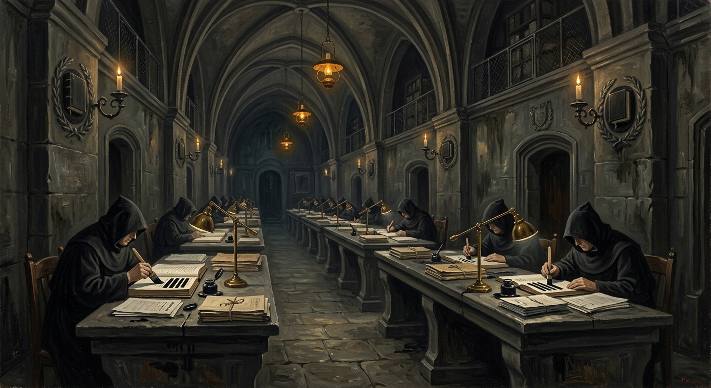 Interior of the Cloister of Prescribed Silence, Strasbourg. Black-robed Redactors at ink-stained stone desks in a vaulted cathedral wing, Bureau seals on every pillar, absolute institutional gloom.