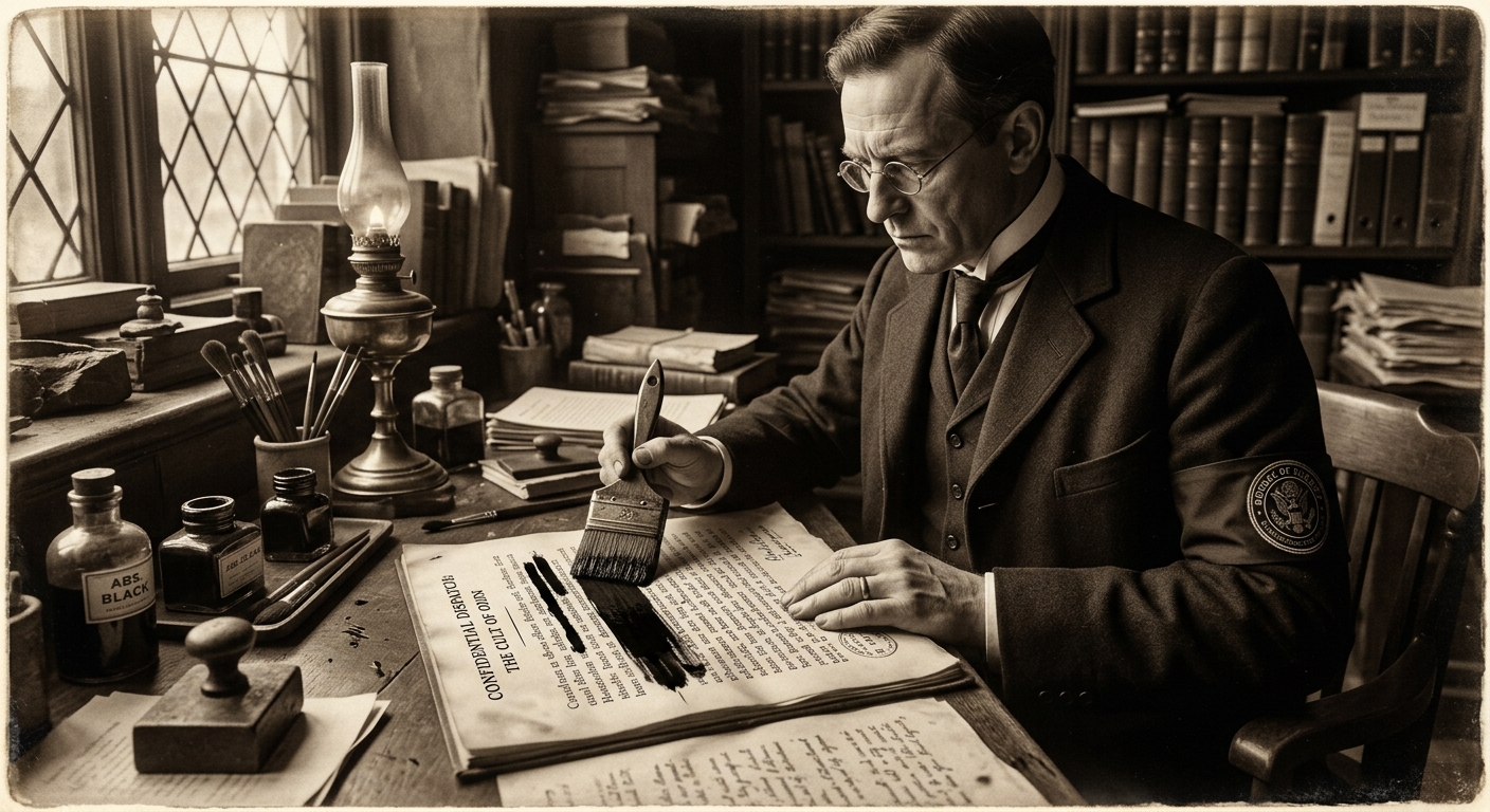 A Bureau of Silence Redactor applying absolute-black ink to a vellum page, the brush-stroke bleeding beyond its guide-line into adjacent text.
