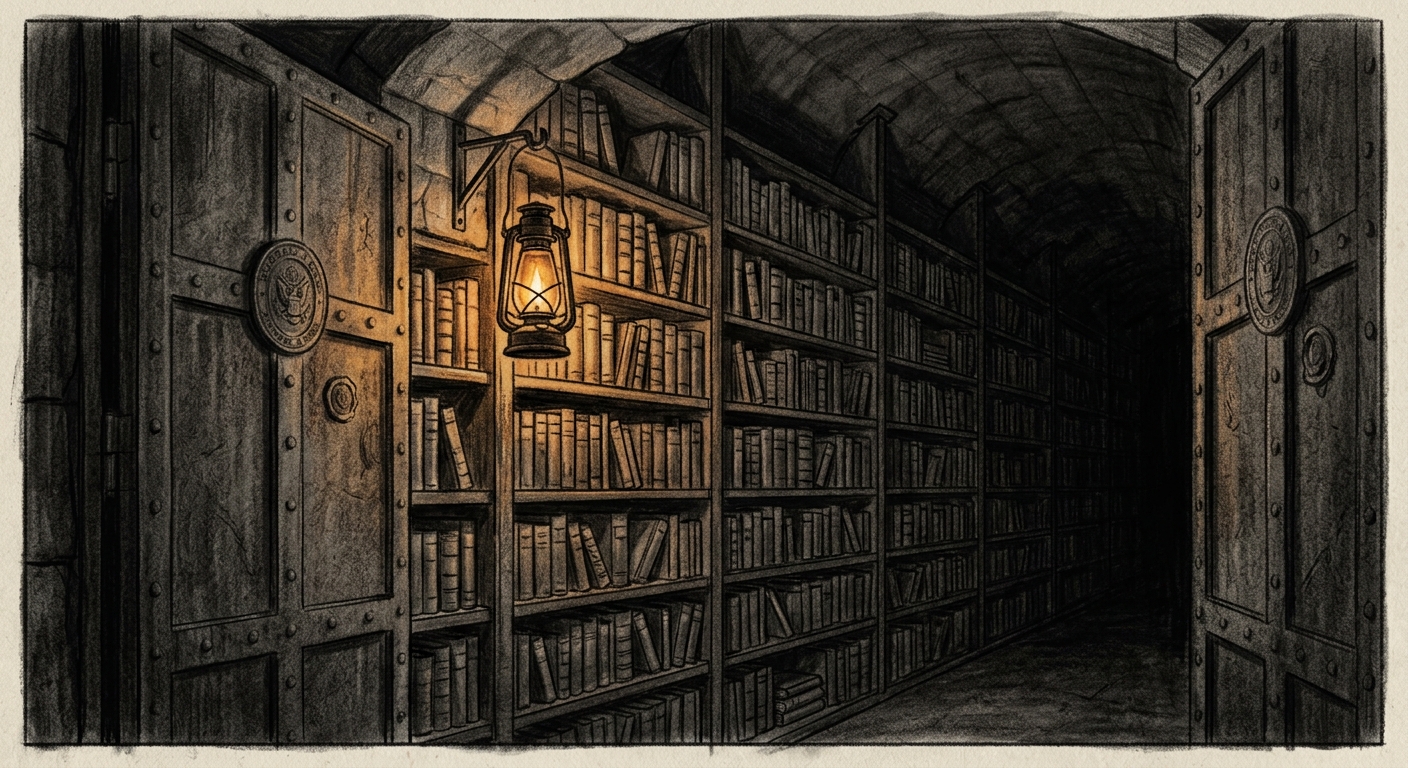 The Forbidden Stacks beneath Strasbourg — triple-sealed vault, shelf upon shelf of confiscated texts receding into shadow, caged lantern casting amber light across thousands of spines.