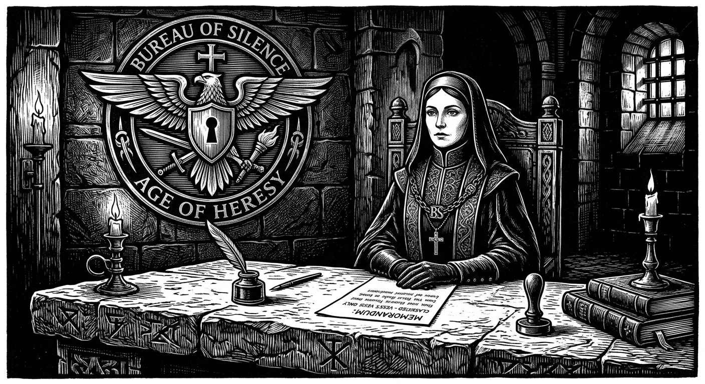 Censor-Prelate Aldara Vess the Younger at her stone desk, classified memorandum before her, expression of controlled unconcern, Bureau seal behind her.