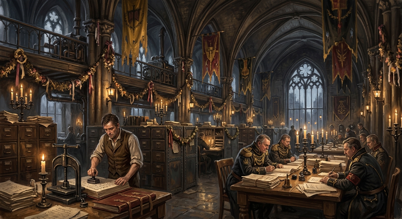 Interior of the Bureau of Festivals main hall in Strasbourg — festival banners hanging over filing cabinets, Chorus-Masters at permit tables, a clerk stamping the calendar.
