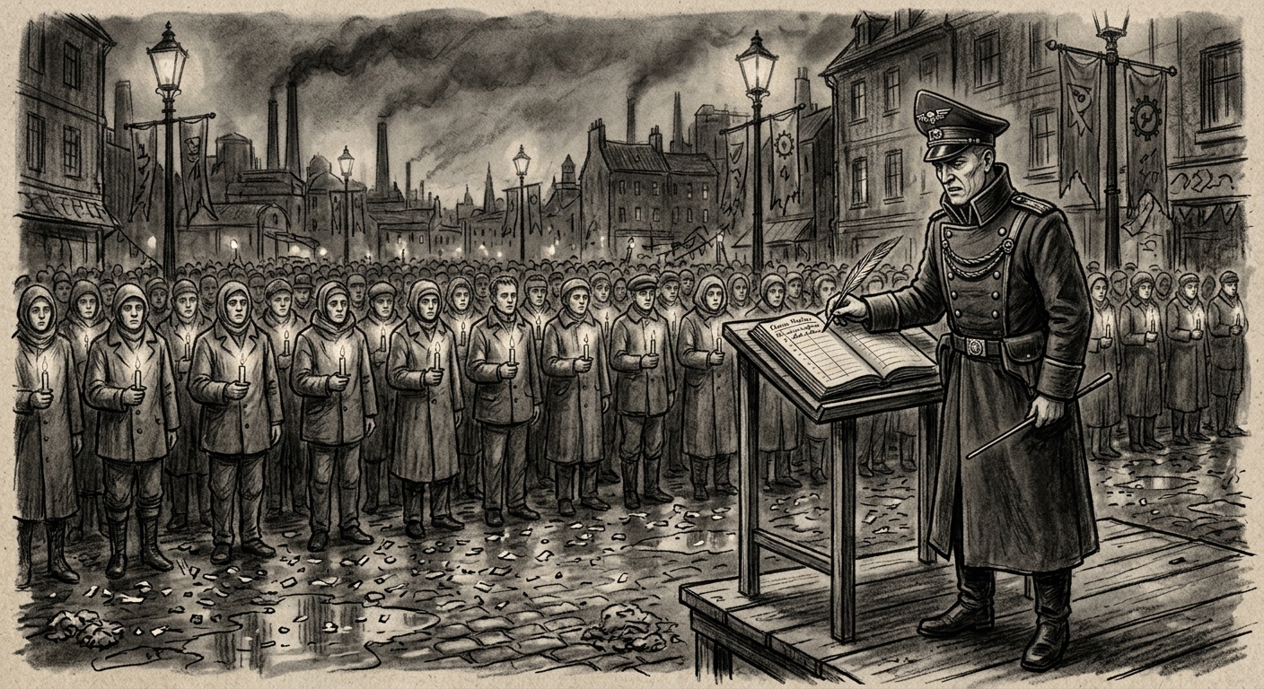 A Chorus-Master conducting a mandatory street celebration, citizens in rows holding candles while he marks attendance in a ledger.