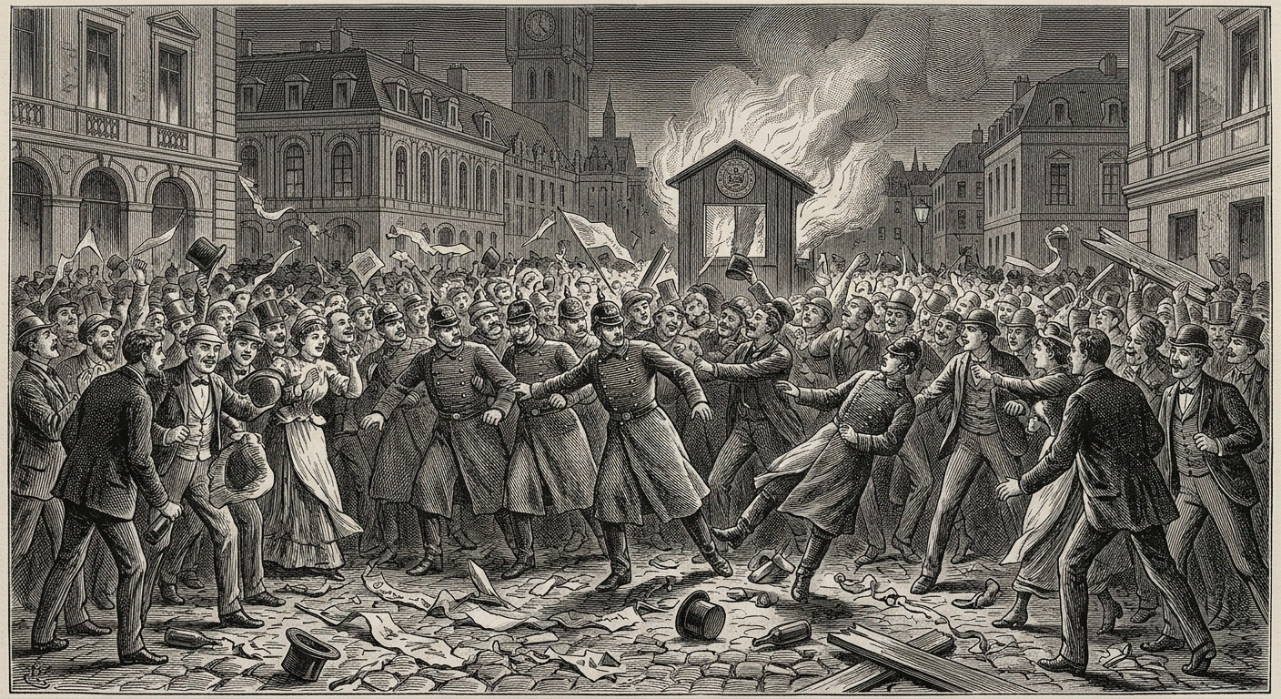 Crowds overwhelming Bureau of Purity officers during the Laugh Riots of Seville, festival debris and a burning permit booth in the background.