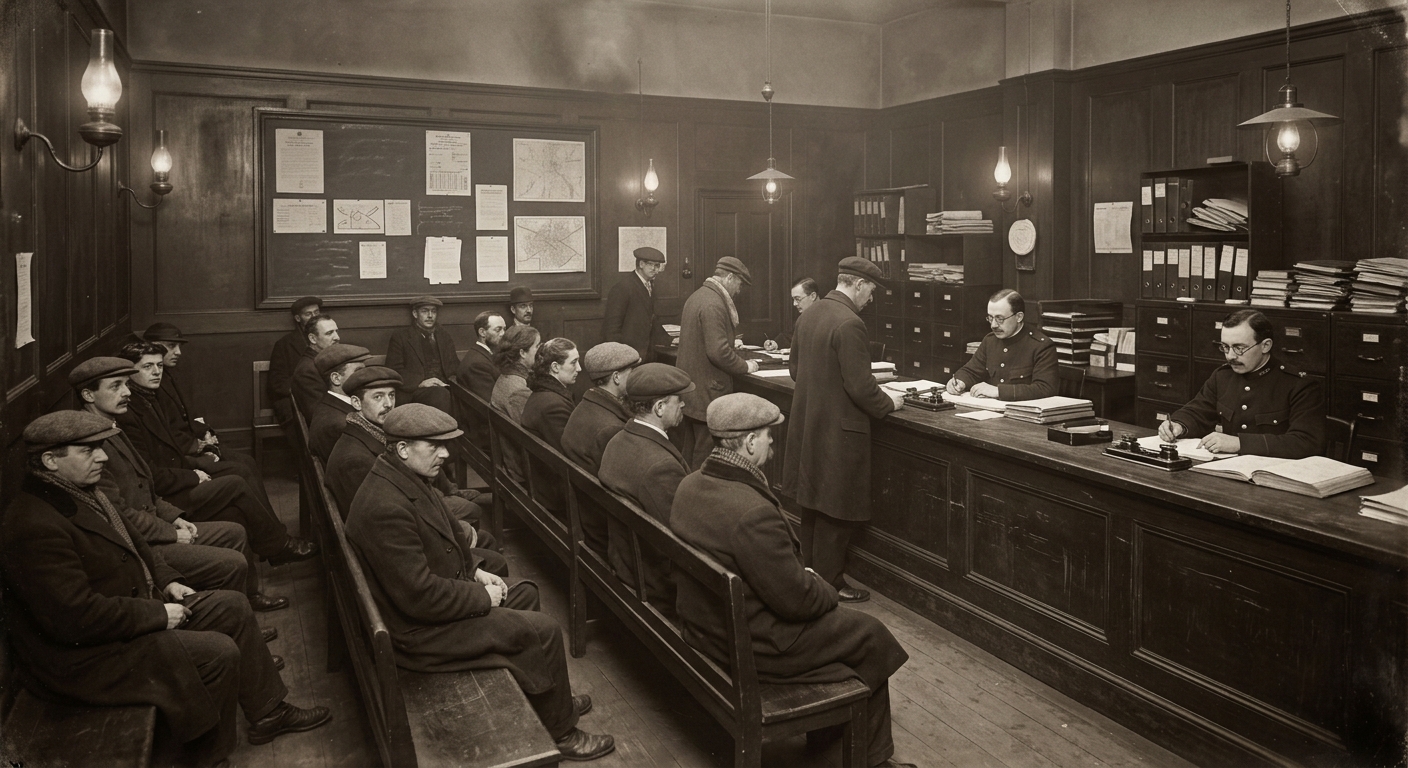 Citizens queuing at a Festival Permit Office counter staffed by Bureau clerks, forms everywhere, a board listing approved and prohibited celebrations.