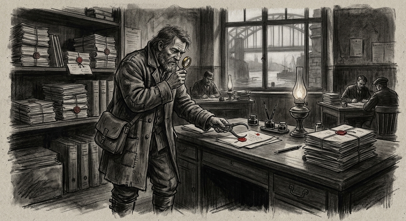 A Seal-Walker in travelling coat examines a wax impression through a magnification lens at a Rhine corridor office, callipers in hand