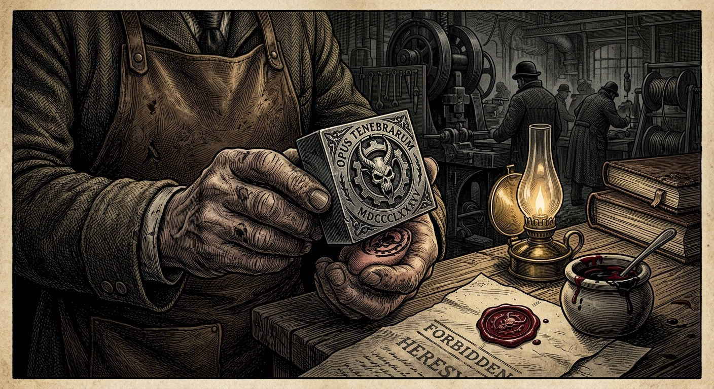 Die-cutter pressing test impression into his thumb before the master die is approved — the Sigmund Protocol still in practice