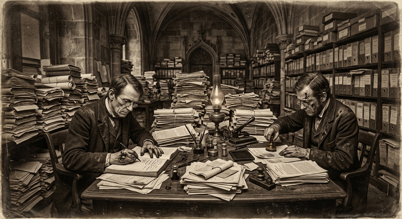 Counter-seal application station in the Bureau's Strasbourg headquarters, stacks of pending documents visible on every surface