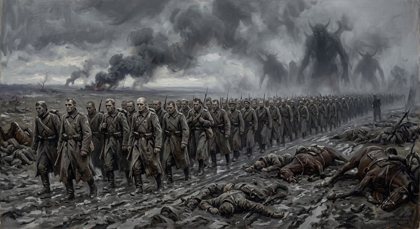 A vast column of Thralls marching through grey mud toward cannon smoke, their faces blank and empty, demon shapes barely visible in the fog behind them