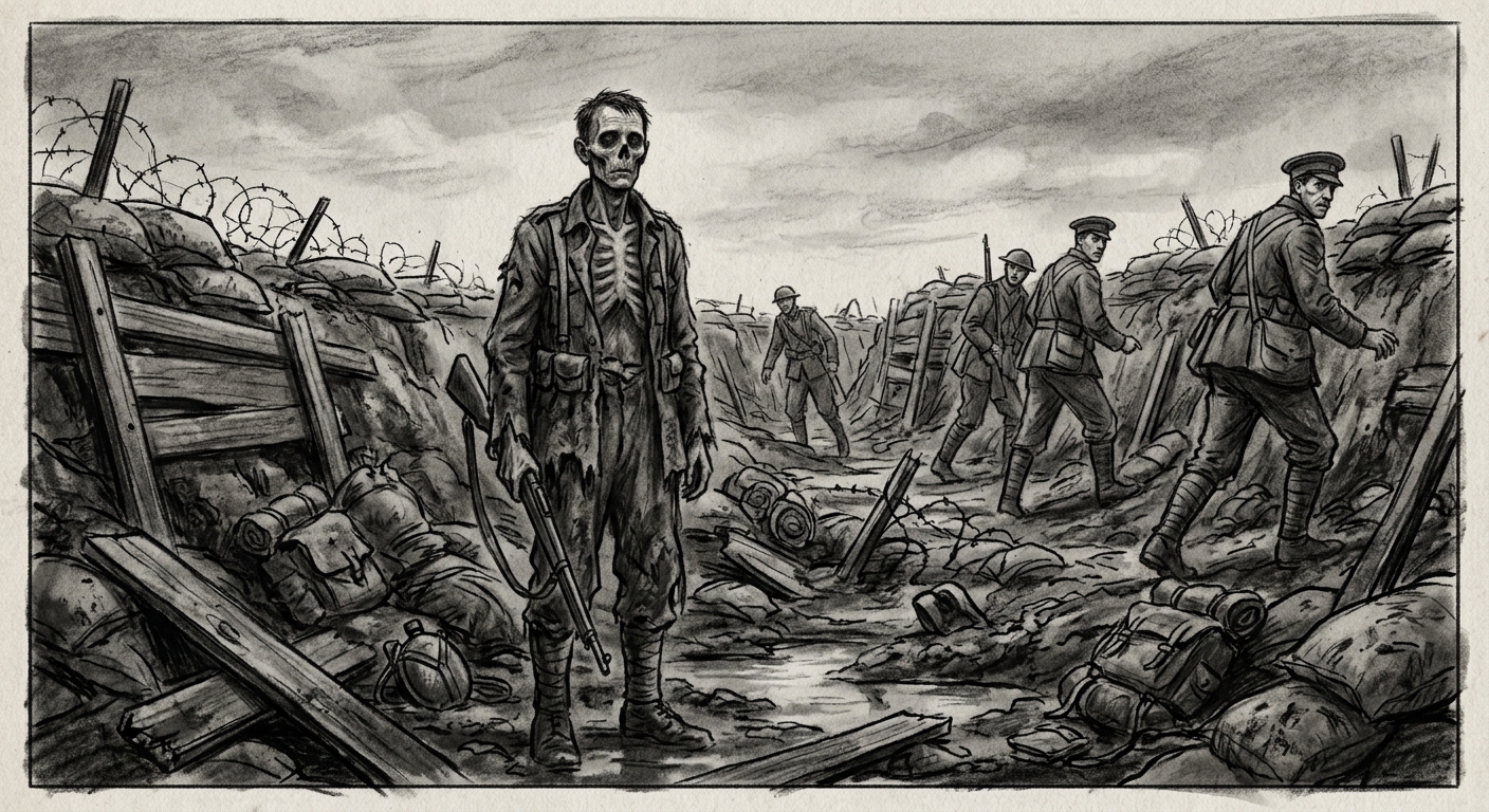 A Hollowed soldier with sunken cavernous eyes and a faintly distended chest stands in a trench, other soldiers giving him wide berth