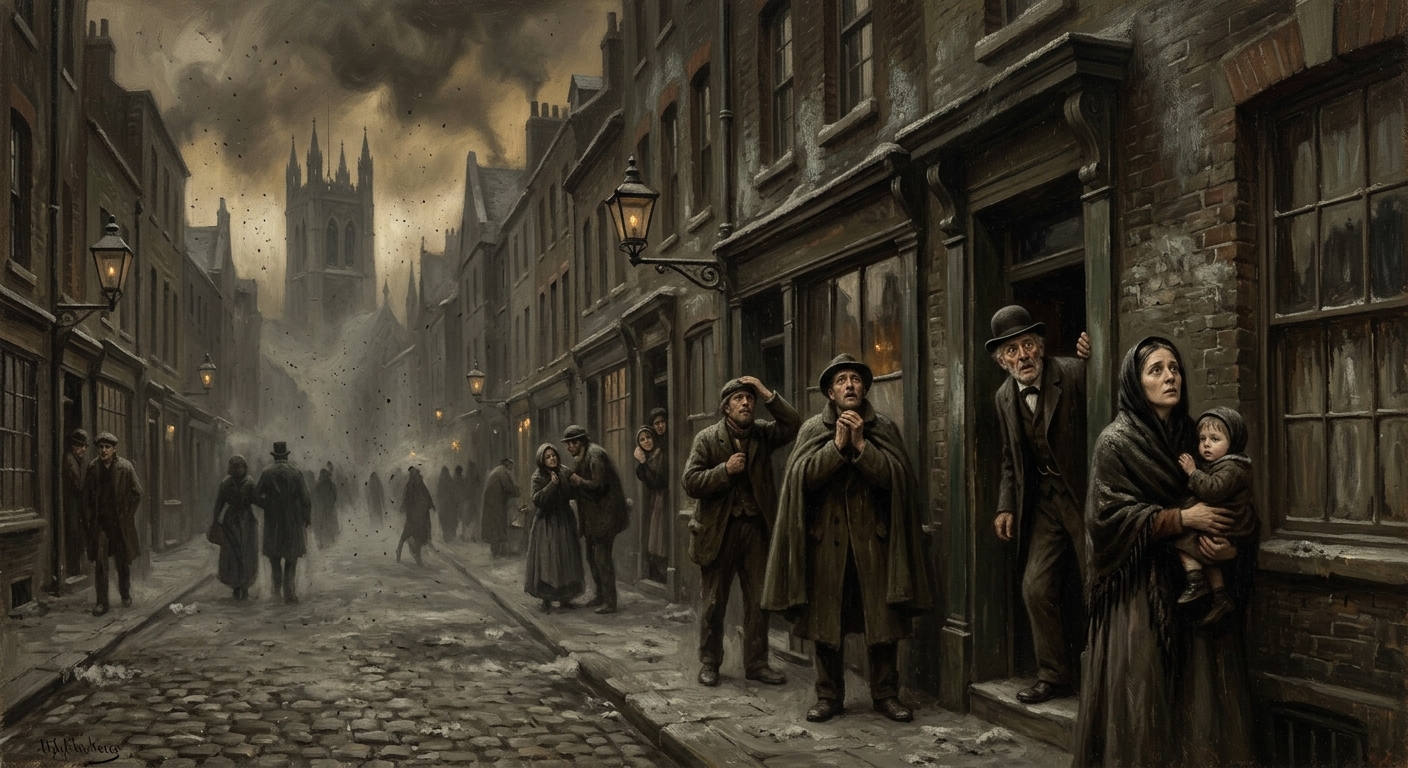 A city street blanketed in grey ash falling from a dark sky, citizens standing in doorways with expressions of dread, church towers barely visible through the haze
