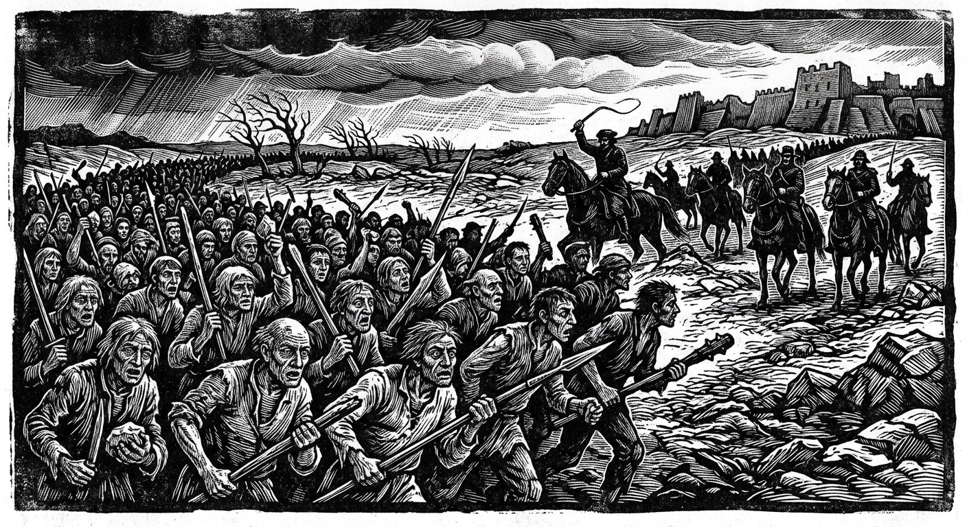 A vast wave of ragged Ash-Fodder militia armed with broken weapons, driven forward by overseers on horseback toward distant fortifications