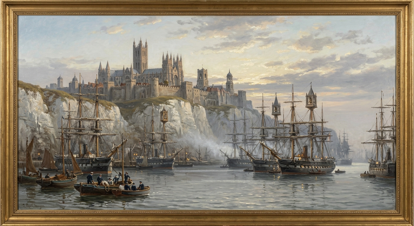 Canterbury Cathedral city viewed from the Channel at dawn, Cathedral Ships in the harbour below, bell towers rising above white chalk cliffs
