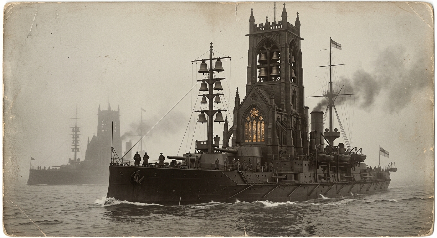 A Cathedral Ship underway in Channel fog, bell-tower above the quarterdeck, chapel windows lit from within, two more warships in formation behind