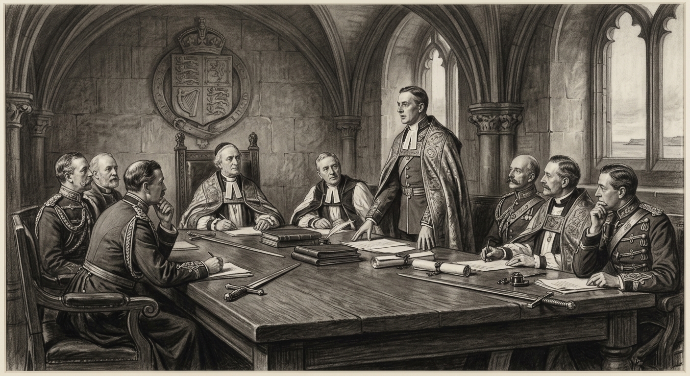 The Table of Nine in session at Canterbury, nine Wardens in military-ecclesiastical dress around an oak table, swords and ledgers before them