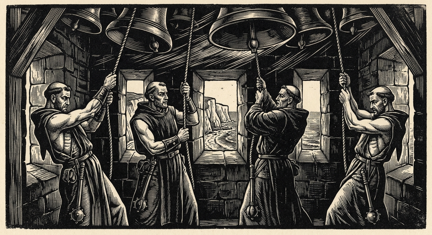 Lantern-Ringers at Canterbury Cathedral's bell tower, ordained warrior-monks at the ropes, bronze maces at their belts, the great carillon above