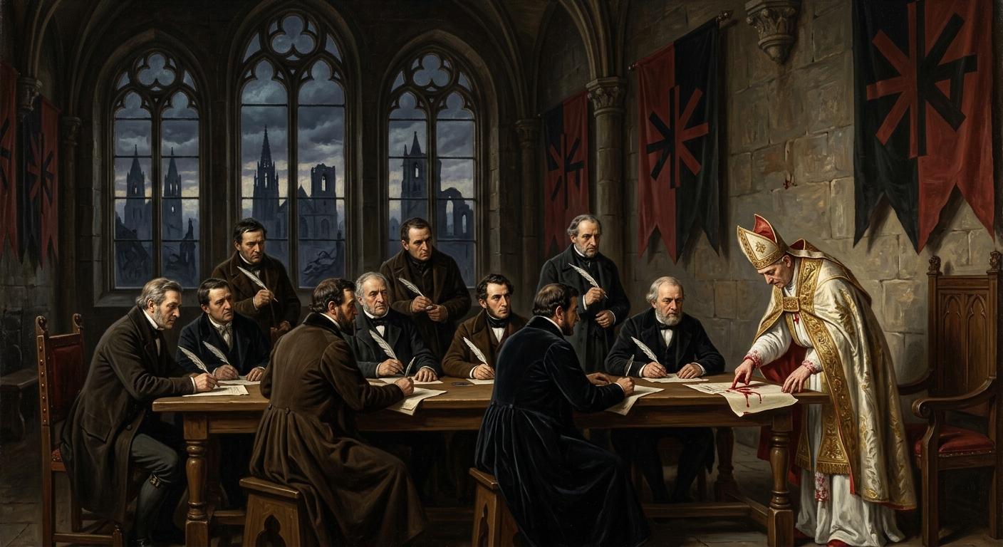 The Reichssaal of Regensburg — nine signatories at the long table, the Archbishop signing in his own blood, church ruins framed in Gothic windows