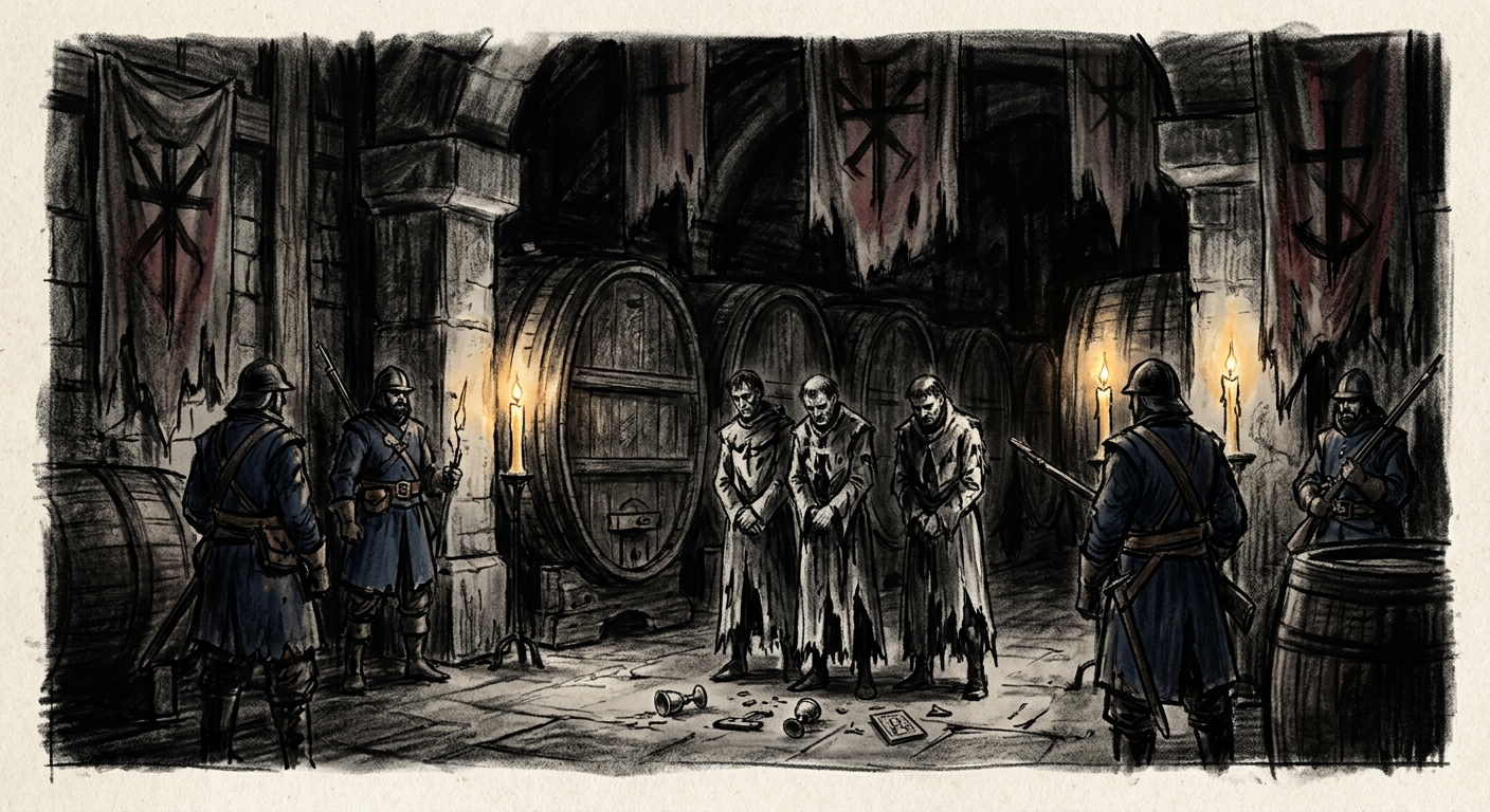 The wine-vat chamber during the Oaths of Regensburg — three priests before the casks, Republican Guards watching