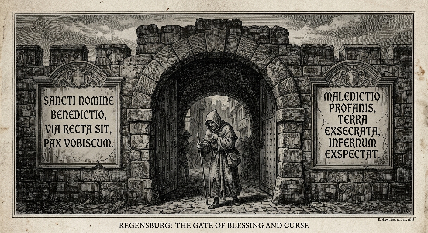 The gates of Regensburg bearing double plaques — benediction above, curse below — a pilgrim passing through