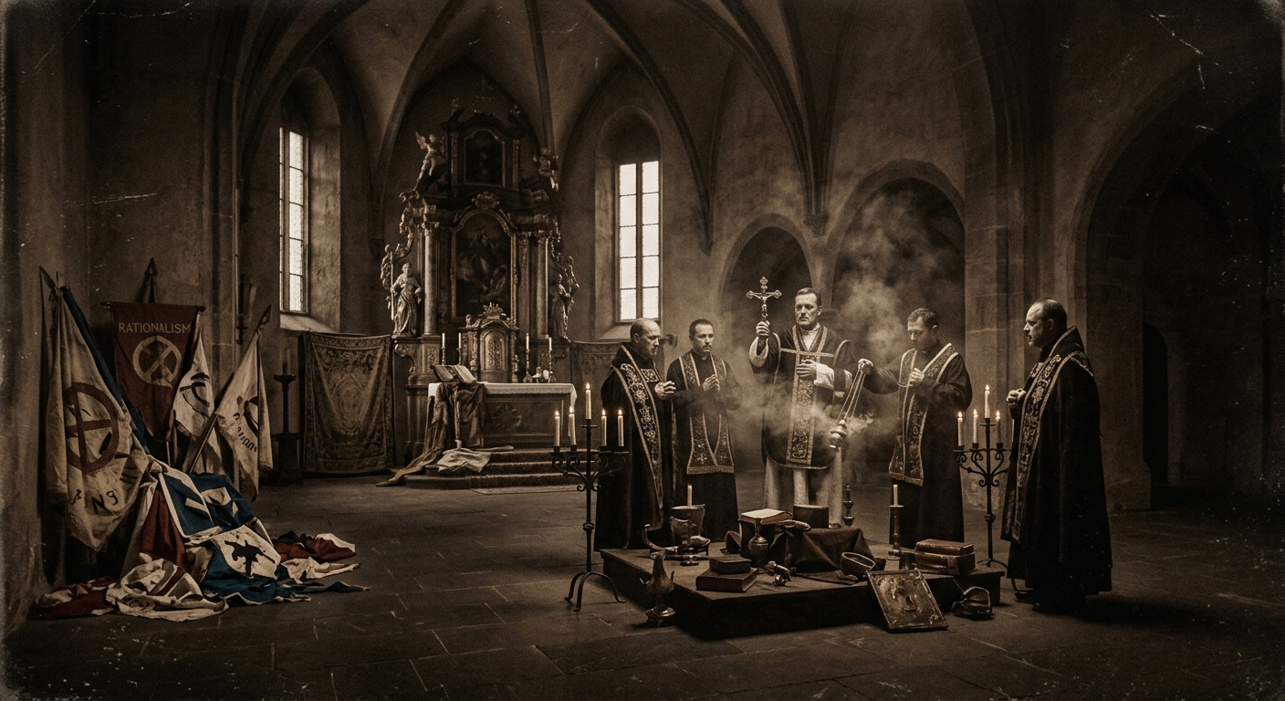 The Reichssaal reconsecrated, A.S. 92 — fourteen clergy mid-exorcism, old Rationalist banners torn in the corner