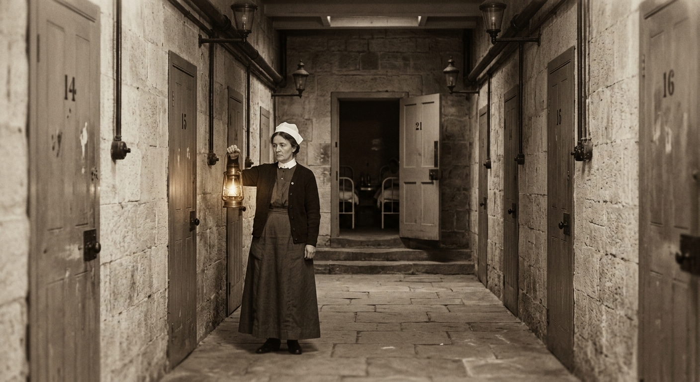 Bureau of Mercy rear facility corridor — a ward-sister holding a lantern in a stone passage, numbered doors receding into darkness, clinical WWI military hospital