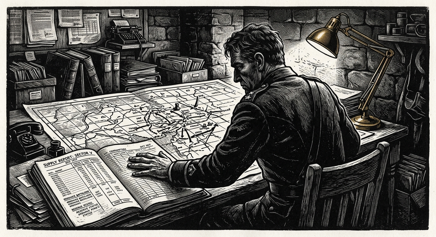 The Bureau of War Chief Logistician at a great map table — hands pressed flat on an open logistics report, face turned toward the wall, columns of numbers visible on the pages