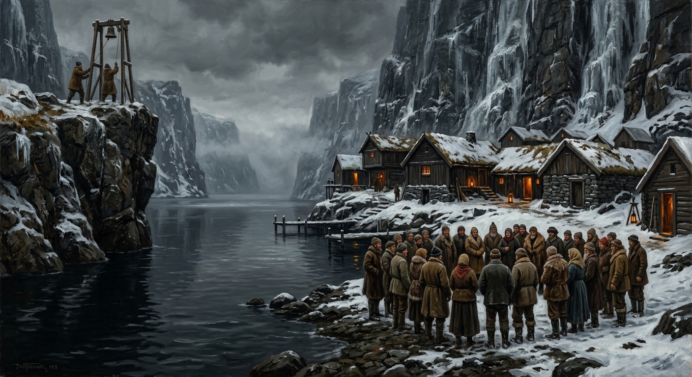 A Norwegian fjord settlement at midwinter — clan moot gathered on the shore, seal-oil lanterns burning in every window, fog pressing in from the north