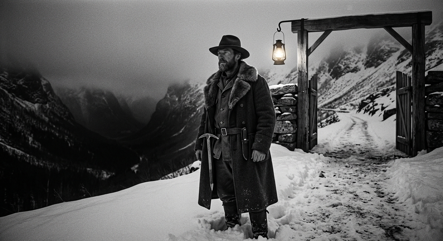 Winter Watch captain at a northern mountain pass in snow, axe at belt, looking north into fog and darkness