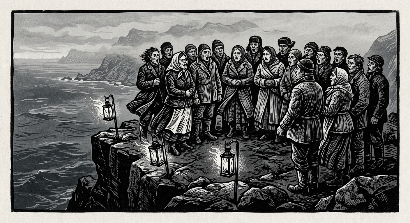 Cliff-top congregation in northern Norway at dawn chanting the Creed, seal-oil lanterns burning, grey fjord below