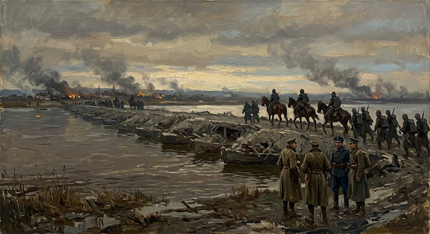The Brașov Flood aftermath — the corpse-bridge spanning the Danube at dawn, an armoured host crossing in silhouette, Synod scouts watching from the northern bank