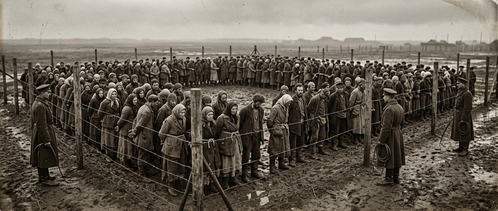 Ash-Fodder holding enclosure — hundreds of ragged civilians standing in a mud pen behind wire, Thrall overseers with whips at the margins