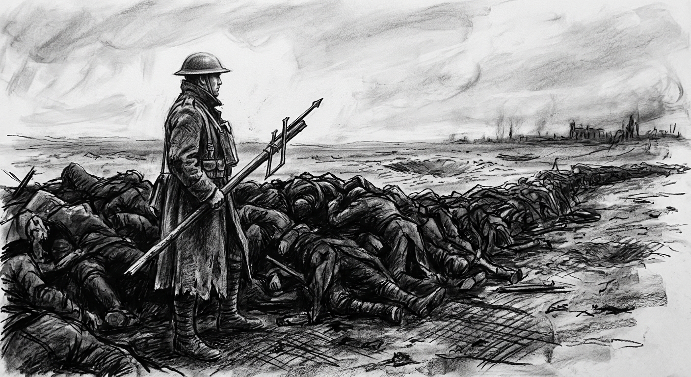 Rostov, Day Nine — a garrison defender atop a barricade of enemy dead taller than a man, improvised pike in hand, in the silence before the final assault
