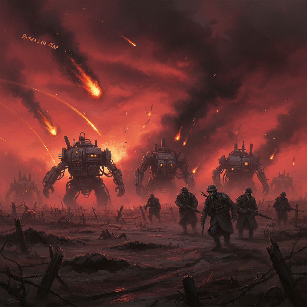 No Man's Land at dusk under the red curtain — soldiers in greatcoats retreating from churning crimson-black mist, distorted silhouettes advancing within it, Bureau of War incendiary arcs falling from above