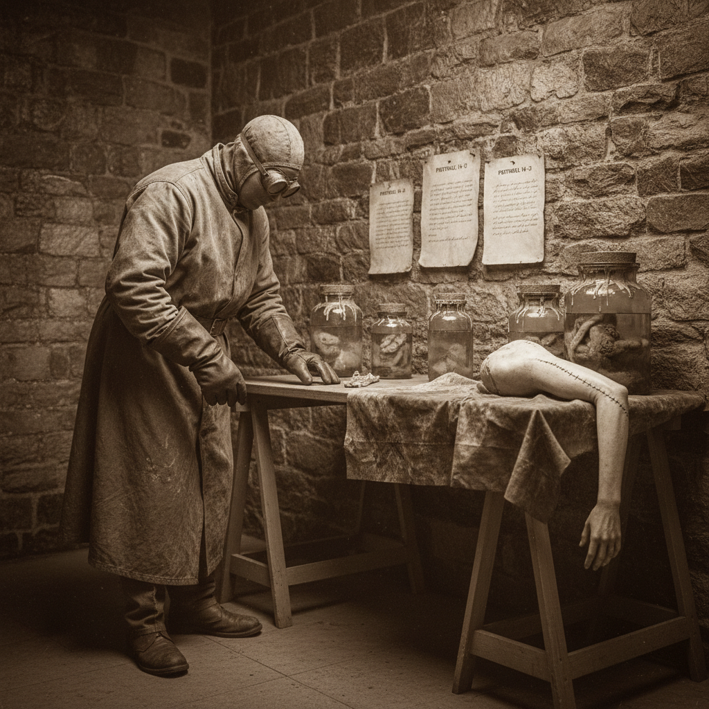 Bureau of Medicine containment station — field surgeon in canvas protective gear at a forward aid station trestle table with sealed specimen jars and Protocol 14-D documents