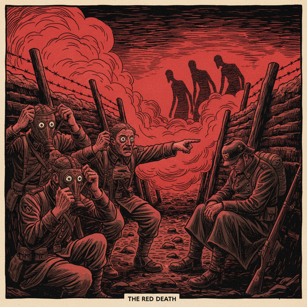 Trench garrison fumbling on brine-soaked cloth masks as the red curtain approaches the parapet, one soldier already seated against the trench wall with head bowed