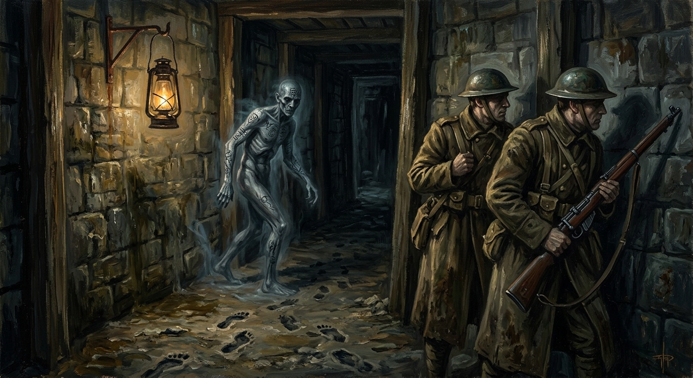 A gaunt glyph-covered Veil-Stalker caught mid-flicker during a bell-pulse in a WWI garrison corridor, partially visible, ash-dust footprints trailing across the stone floor