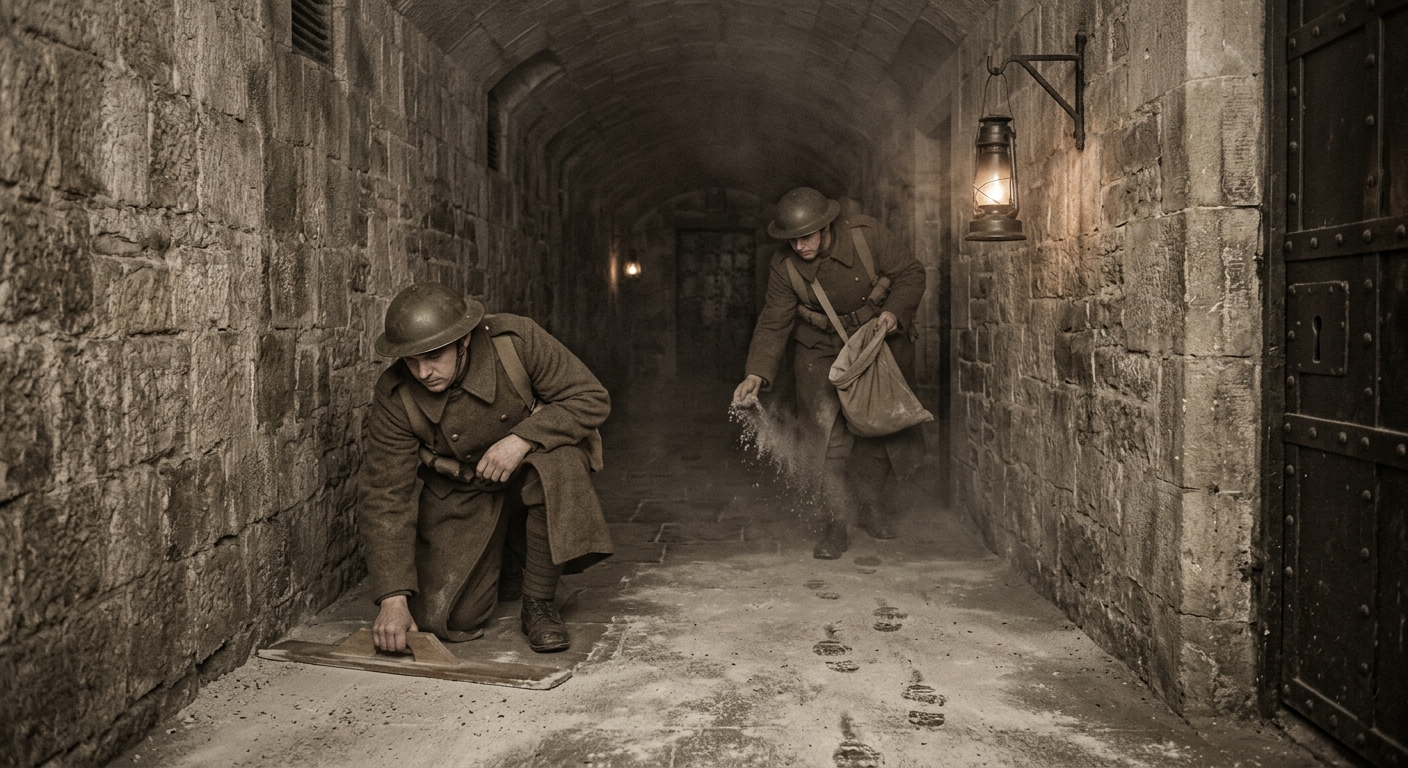 Soldiers in greatcoats scattering blessed ash across a garrison corridor floor before night watch, one kneeling to smooth the layer flat