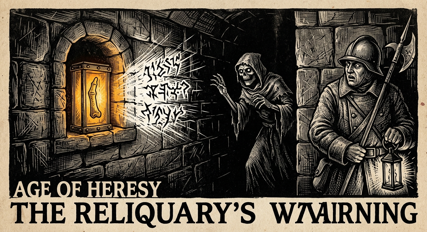 A Reliquary Proximity Ward niche in a stone trench wall, the sealed finger-bone glowing amber as concealment glyphs flare visible nearby