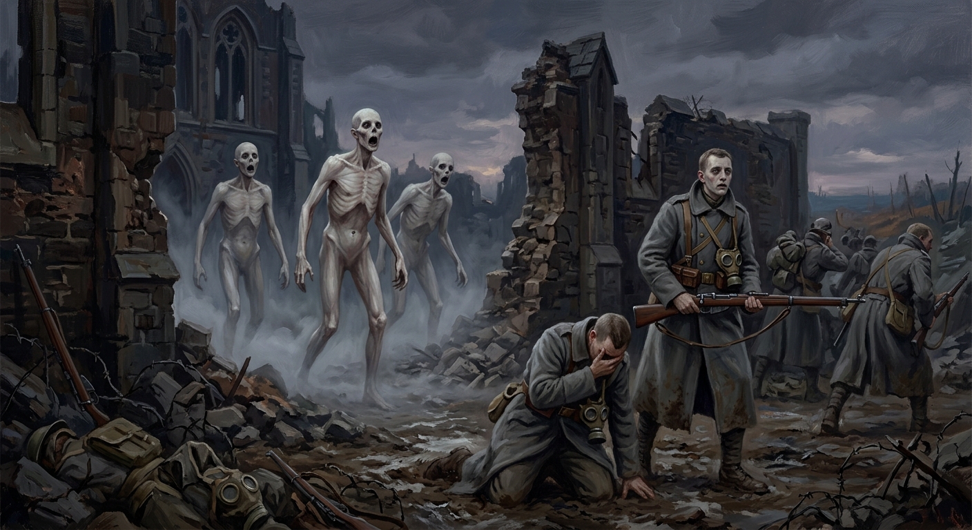 Three Pale Chanters advancing from ruined seminary walls at dusk, mouths agape in soundless hymn, Covenant soldiers collapsed before them