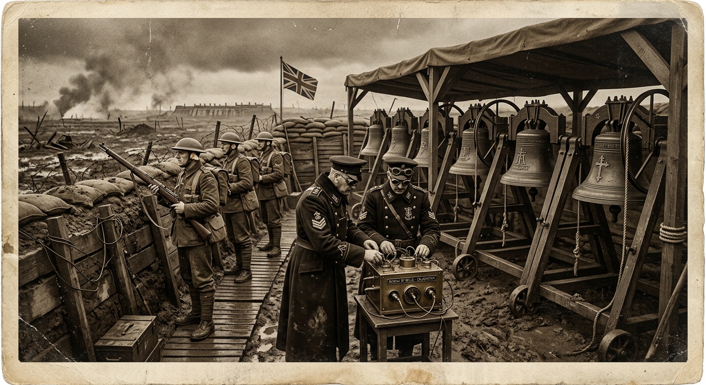 Bureau of Bells field bell-battery at a WWI bastion, bell-masters operating the Cantor's Gauge, soldiers with reliquary wax in ear canals