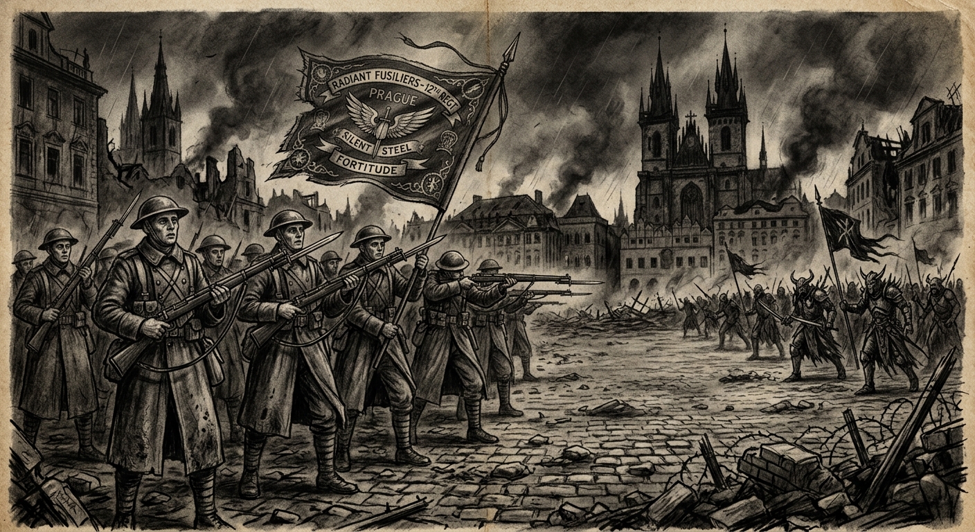 Radiant Fusiliers standing motionless with rifles raised and loaded, faces vacant, enemy advancing unchallenged — the Night of Silent Steel at Prague